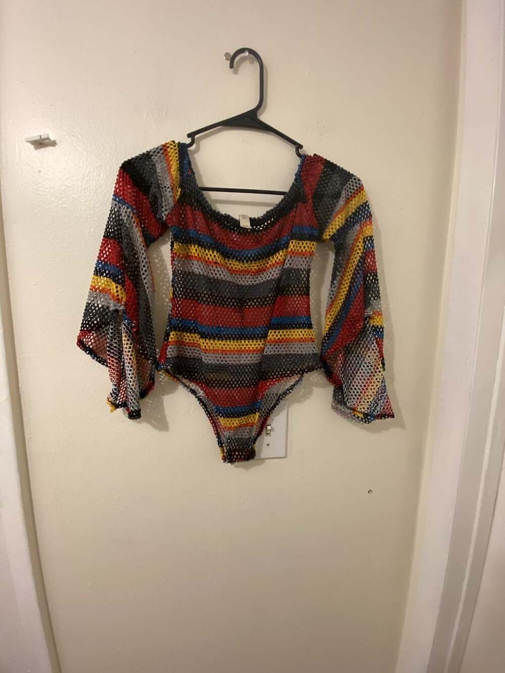 Cacia Multi-Color Striped Mesh Long Sleeve Bodysuit Size Large